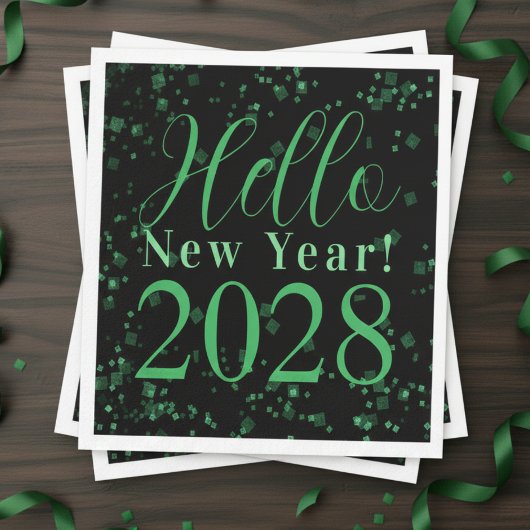Hello New Year! New Year's Eve Green Black Sparkle スタンダードカクテルナプキン
