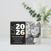 Hello New Year Photo Black金ゴールドモダンカスタム年 シーズンポストカード (スタンド正面)