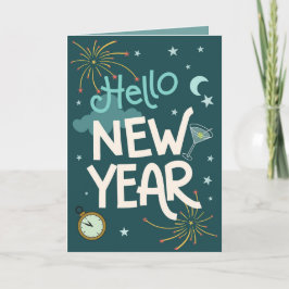 Hello New Year - Teal Festive New Years Celebr カード
