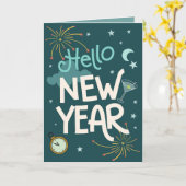 Hello New Year - Teal Festive New Years Celebr カード (黄色い花)