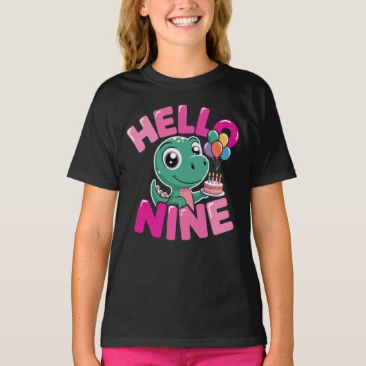 Hello Nine Dinosaur Birthday Girl Coquette Bow Tシャツ (正面)