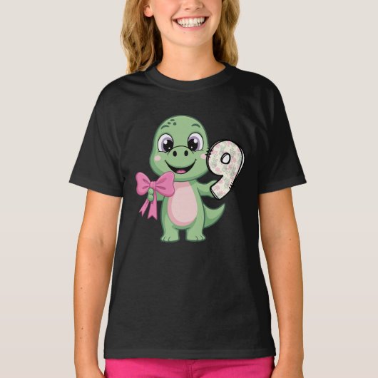 Hello Nine Dinosaur Birthday Girl Coquette Bow Tシャツ (正面)