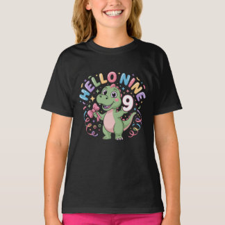 Hello Nine Dinosaur Birthday Girl Coquette Bow Tシャツ