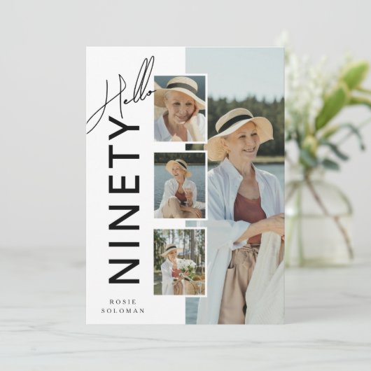 Hello NINETY' Modern Photo Collage 90th Birthday 招待状 (スタンド正面)