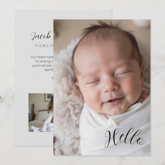 “Hello” Personalized Photo Birth Announcement Card (正面/裏面)
