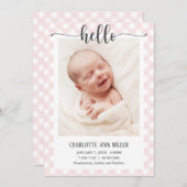 Hello Pink Gingham Birth Announcementフォトカード 案内状 (正面/裏面)