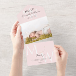 Hello Pink Monogram写真誕生のお知らせ オールインワン招待状