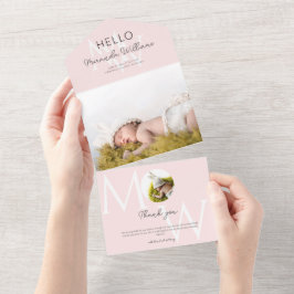 Hello Pink Monogram写真誕生のお知らせ オールインワン招待状