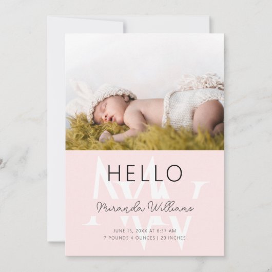 Hello Pink Monogram写真誕生のお知らせ 招待状 (正面)