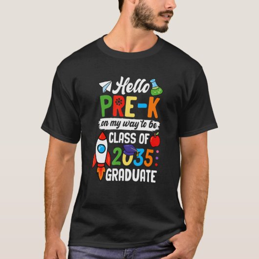Hello Pre Kが2035年の将来のクラスに戻るSch Tシャツ (正面)