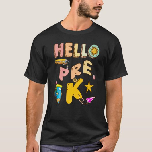 Hello Pre K Here I履歴来先生Esl 教え Tシャツ (正面)