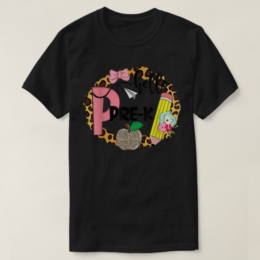 Hello PreKかわいいヒョウりんご花鉛筆 Tシャツ (デザイン正面)