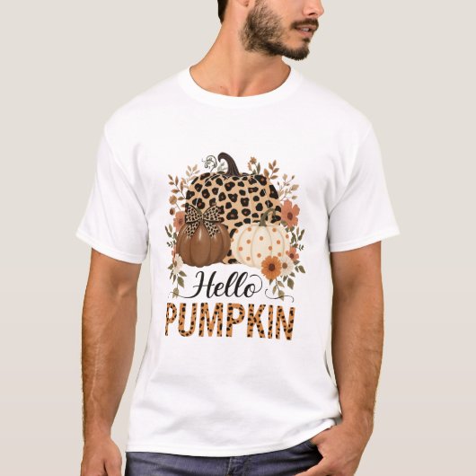 Hello Pumpkin Png, Boho Floral Fall Leopard Pumpki Tシャツ (正面)