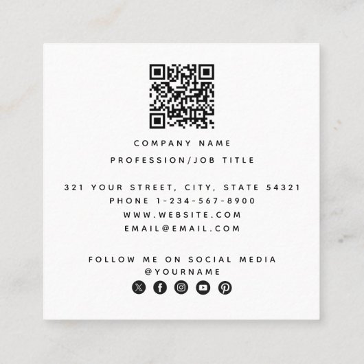 Hello QRコーミニマルドソーシャルメディアアイコン スクエア名刺 (裏面)