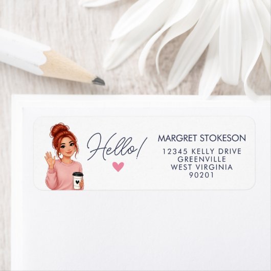 Hello Redhead Lady Heart Return Address Label  ラベル (インサイチュ)