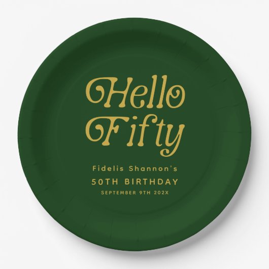 Hello Retro Green and Gold 50th Birthday Party ペーパープレート (正面)