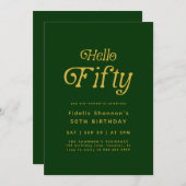 Hello Retro green & gold 50th Birthday Invitation 招待状 (正面/裏面)