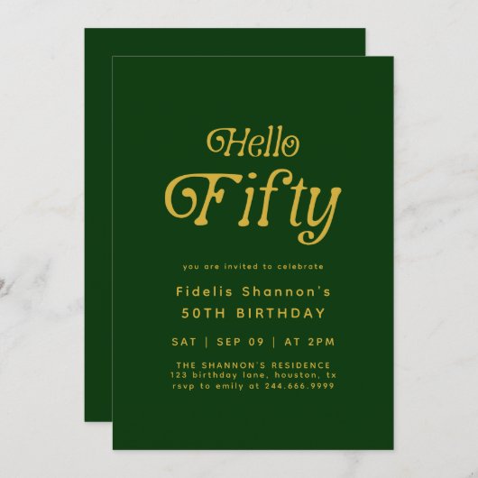 Hello Retro green & gold 50th Birthday Invitation 招待状 (正面/裏面)