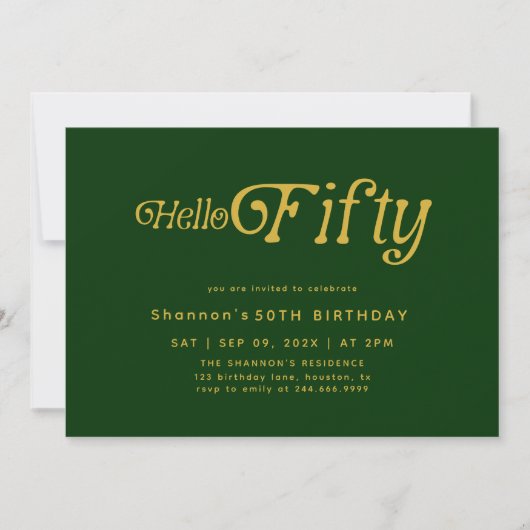 Hello Retro Green & Gold 50th Birthday Invitation 招待状 (正面)