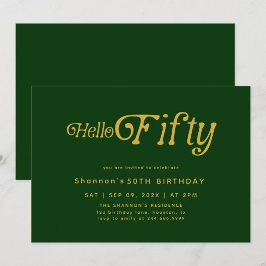 Hello Retro Green & Gold 50th Birthday Invitation 招待状 (正面/裏面)