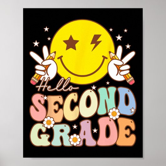 Hello Second Gradeおもしろいスマイル顔2nd Grade Back T ポスター (正面)
