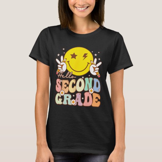 Hello Second Gradeおもしろいスマイル顔2nd Grade Back T Tシャツ (正面)