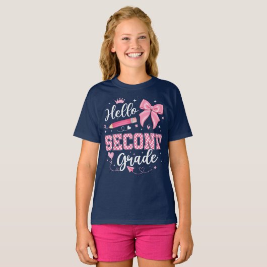 Hello Second Grade Coquette Bow Teacher Girl Tシャツ (正面フル)