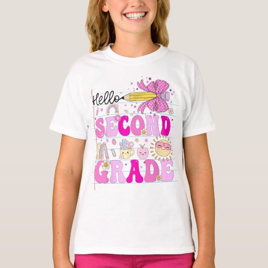 Hello Second Grade Coquette Bow Teacher Girl Tシャツ (正面)
