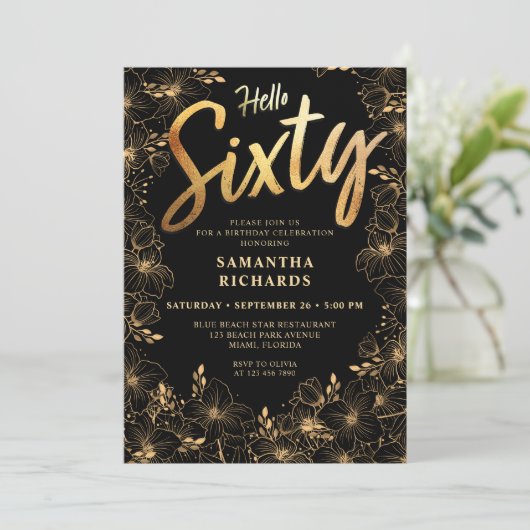 Hello Sixtyブラックと金ゴールドフローラ60誕生日 招待状 (スタンド正面)