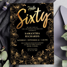 Hello Sixtyブラックと金ゴールドフローラ60誕生日 招待状