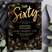 Hello Sixtyブラックと金ゴールドフローラ60誕生日 招待状