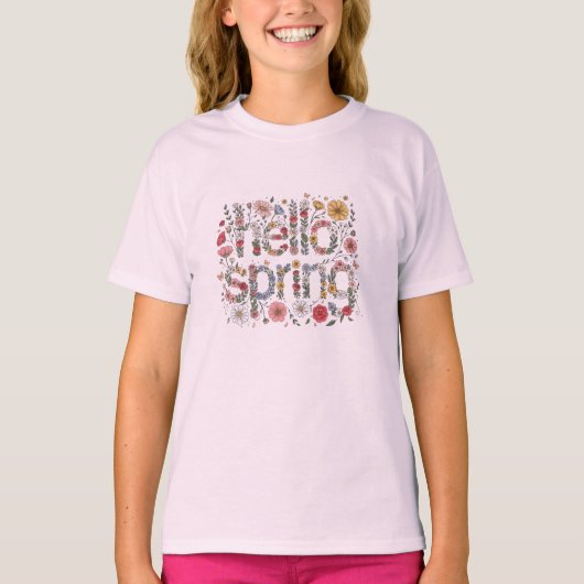 Hello Spring – Floral Lettering Design Tシャツ (正面)