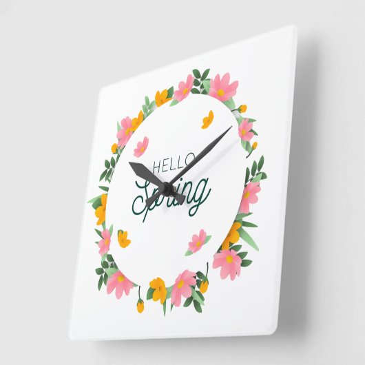 Hello Spring Floral Wreath スクエア壁時計 (傾斜)