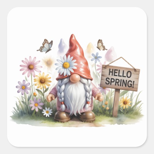 Hello Spring Garden Gnome: Cute Gnome with Braids スクエアシール (正面)