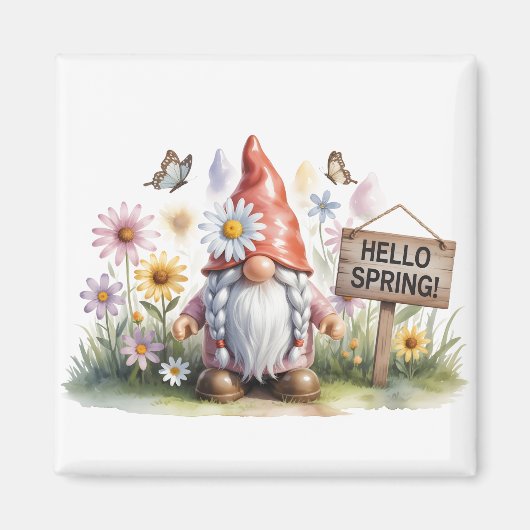 Hello Spring Garden Gnome: Cute Gnome with Braids マグネット (正面)