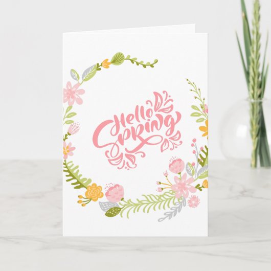 Hello Spring Greeting Card Floral Wreath カード (正面)