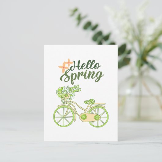 Hello Spring Vintage Bicycle Illustration  ポストカード (スタンド正面)