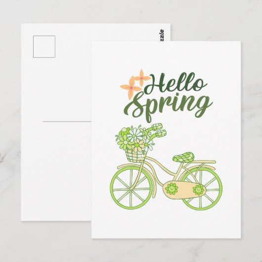 Hello Spring Vintage Bicycle Illustration  ポストカード (正面/裏面)