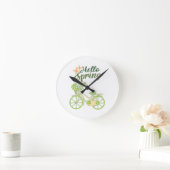 Hello Spring Vintage Bicycle Illustration  ラウンド壁時計 (ホーム)
