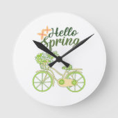Hello Spring Vintage Bicycle Illustration  ラウンド壁時計 (正面)