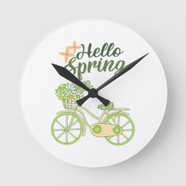 Hello Spring Vintage Bicycle Illustration  ラウンド壁時計
