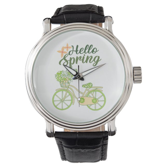 Hello Spring Vintage Bicycle Illustration  腕時計 (正面)