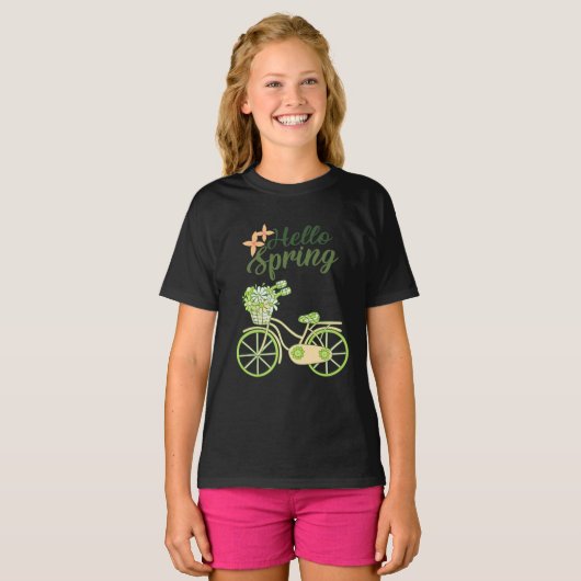 Hello Spring Vintage Bicycle Illustration  Tシャツ (正面フル)
