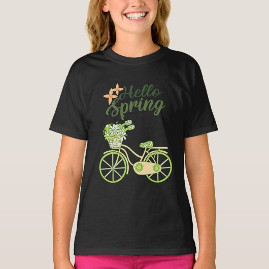 Hello Spring Vintage Bicycle Illustration  Tシャツ (正面)