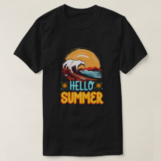 Hello Summer – レトロ波とサンセットビーチTシャツ Tシャツ