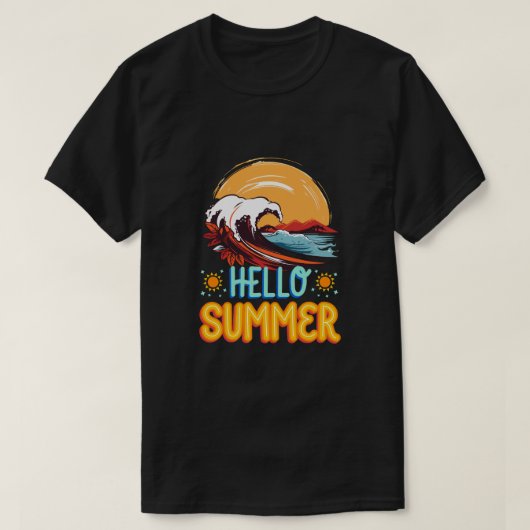 Hello Summer – レトロ波とサンセットビーチTシャツ Tシャツ (デザイン正面)