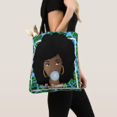 Hello Summer,黒人女性,トロピカル葉,青 トートバッグ (クローズアップ)