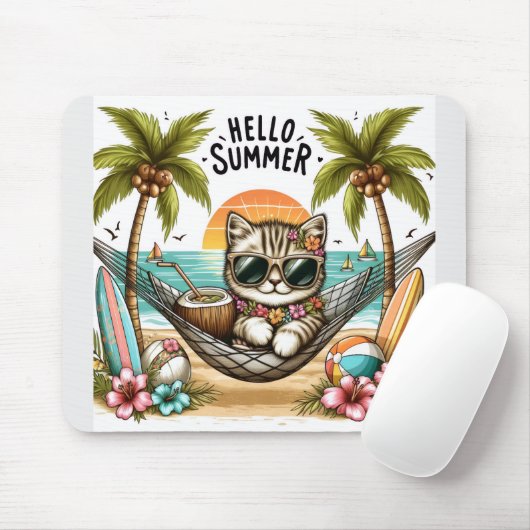 Hello Summer Beach Cat マウスパッド (マウス)