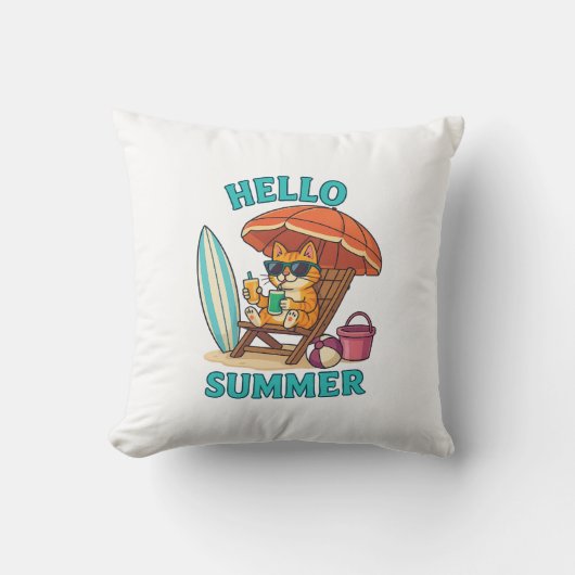 Hello Summer Cat Tシャツ – かわいいマンガビーチ クッション (正面)