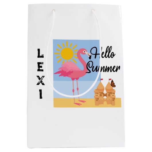 Hello Summer Pink Flamingoデザイン-抱き枕- Med ミディアムペーパーバッグ (正面)